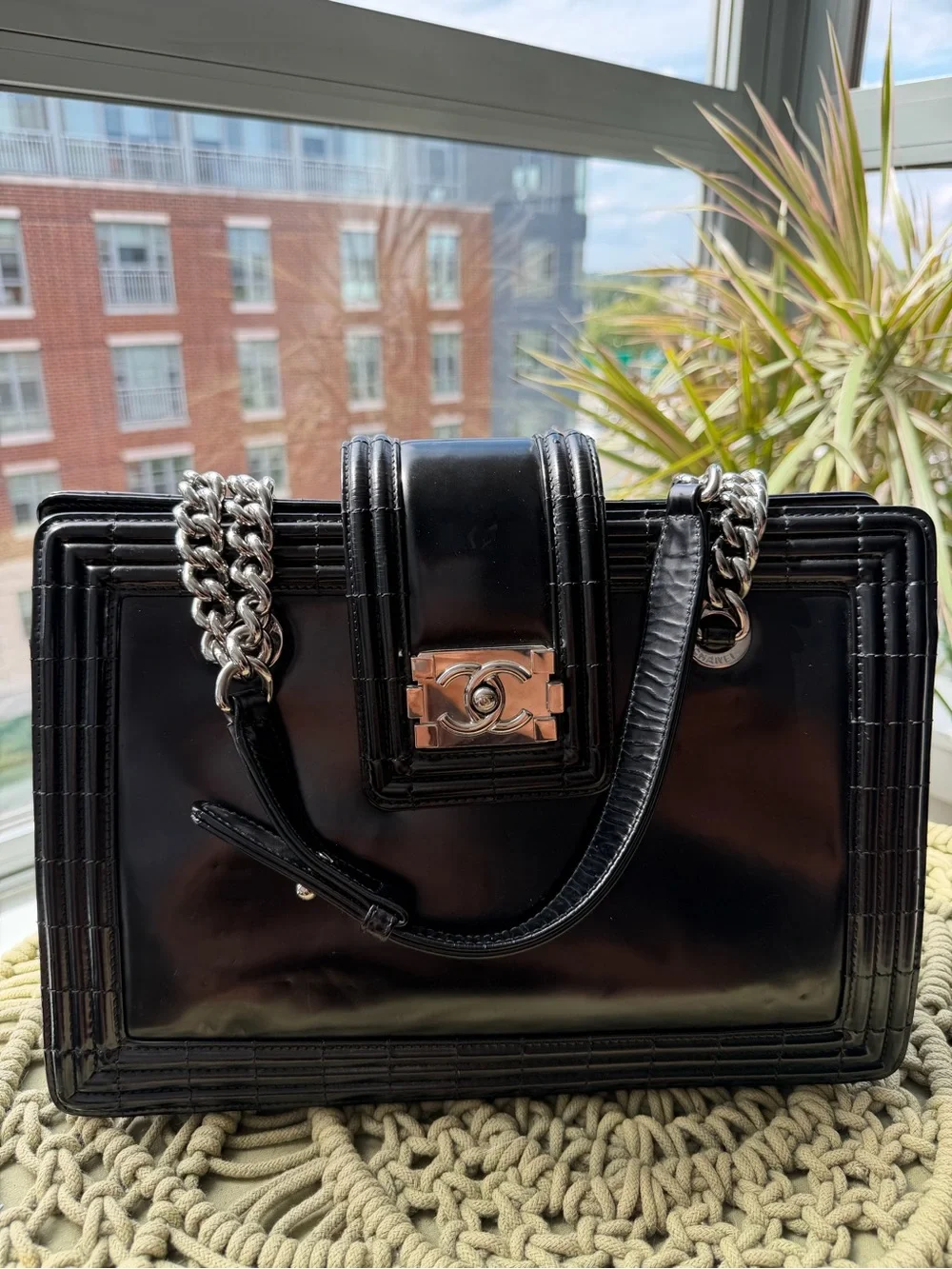 CHANEL Black Patent Satchel with Silver-Tone Chain